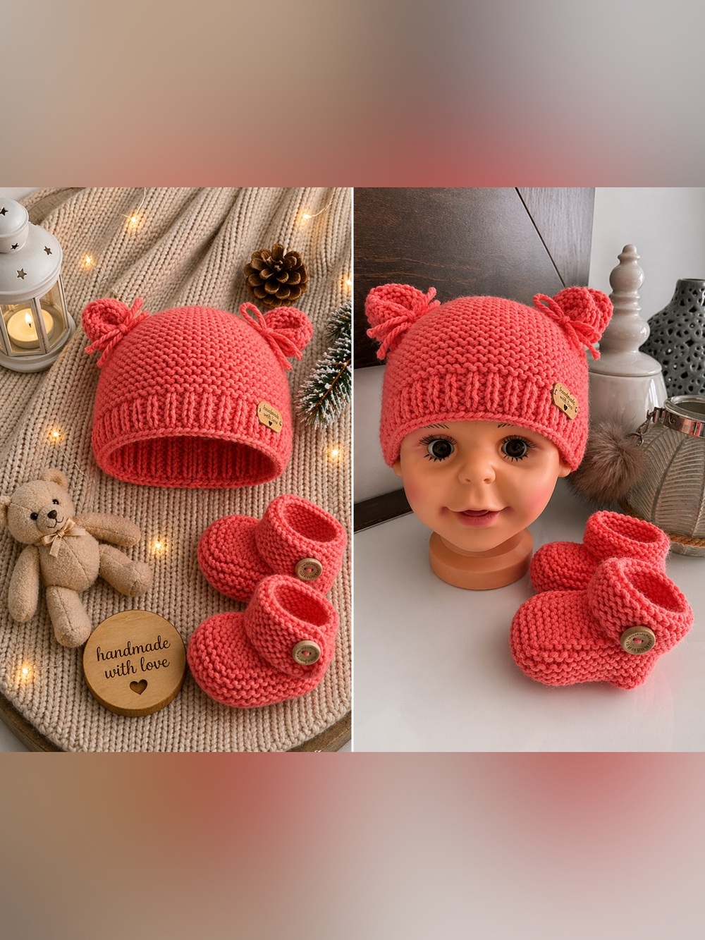 Coral Knit Baby Hat & Booties Set